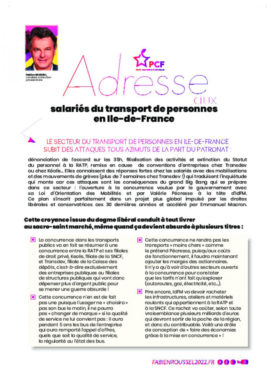 Adresse de Fabien Roussel aux salariés du transport de personnes en Ile-de-France